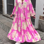 Maxi-jurk met print, volantmouwen & staande kraag – Stijlvol & Luchtig