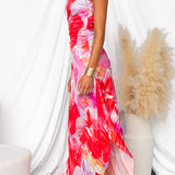 Plissé One-Shoulder Jurk met Bloemenpatroon – Elegant & Vrouwelijk