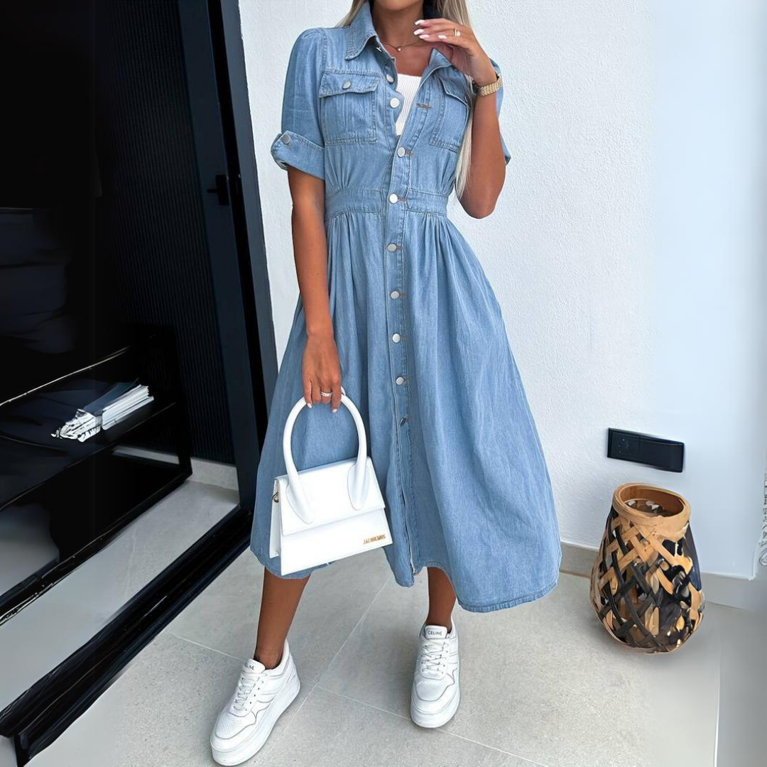 Rowena™ Denim Midi Jurk met Knoopsluiting
