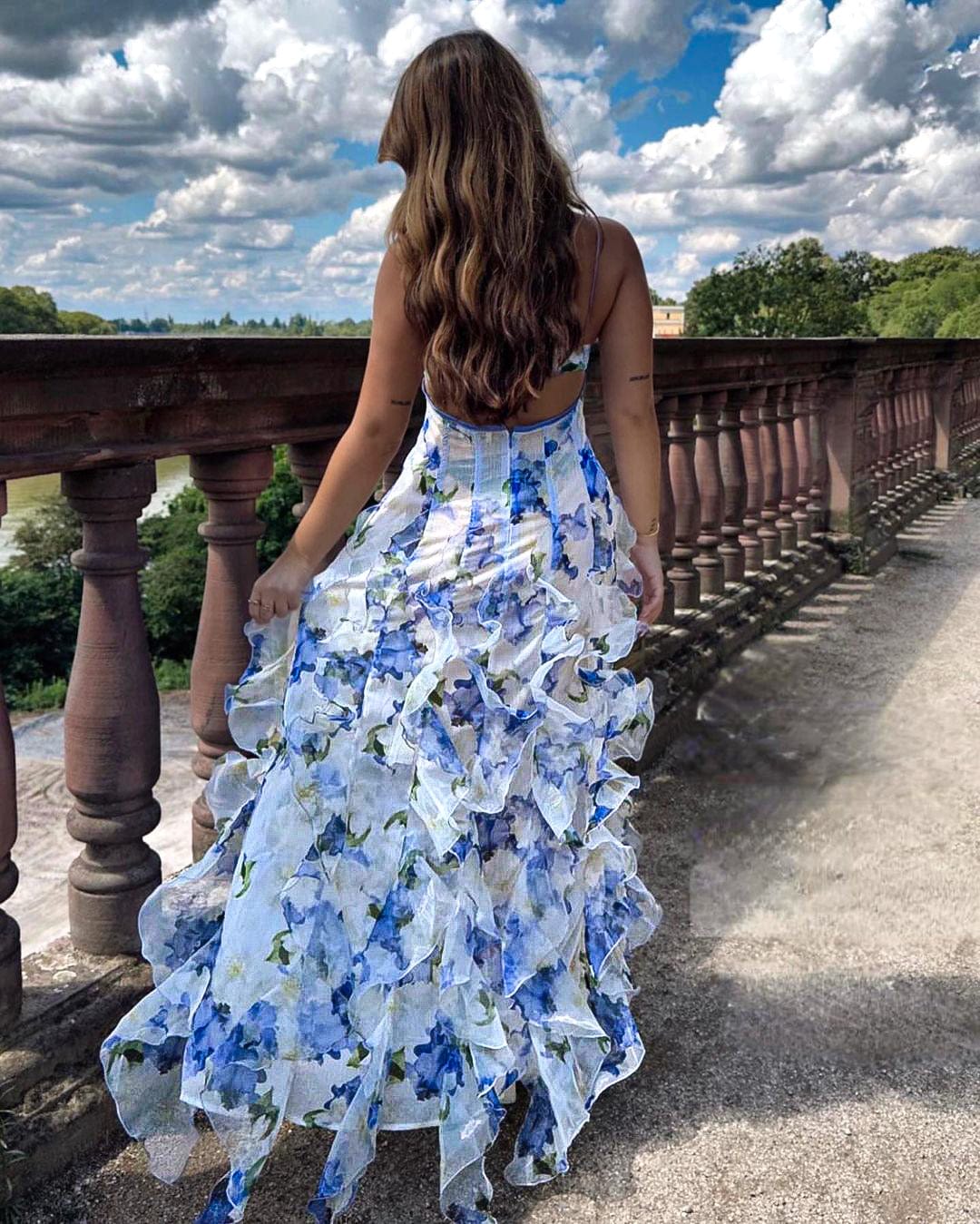 Marlene | Romantische Bloemen Rimpel Maxi-jurk