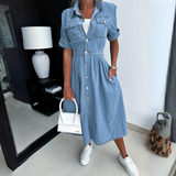 Rowena™ Denim Midi Jurk met Knoopsluiting