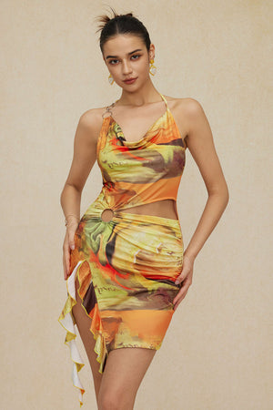 Mira | Asymmetrische Zijsplit Halter-Neck Mini-jurk met Kunstprint