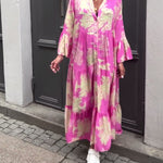 Maxi-jurk met print, volantmouwen & staande kraag – Stijlvol & Luchtig