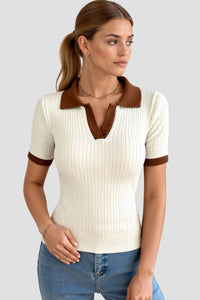 Lässige Polo Kleur Blok Geribbelde Kraag Gebreid Top