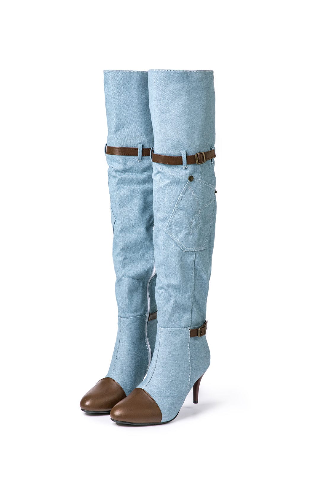 Chloe | Denim kniehooglaarzen met hak & Verstelbare Bruine Riem