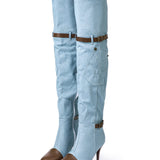 Chloe | Denim kniehooglaarzen met hak & Verstelbare Bruine Riem