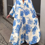 Maxi-jurk met print, volantmouwen & staande kraag – Stijlvol & Luchtig