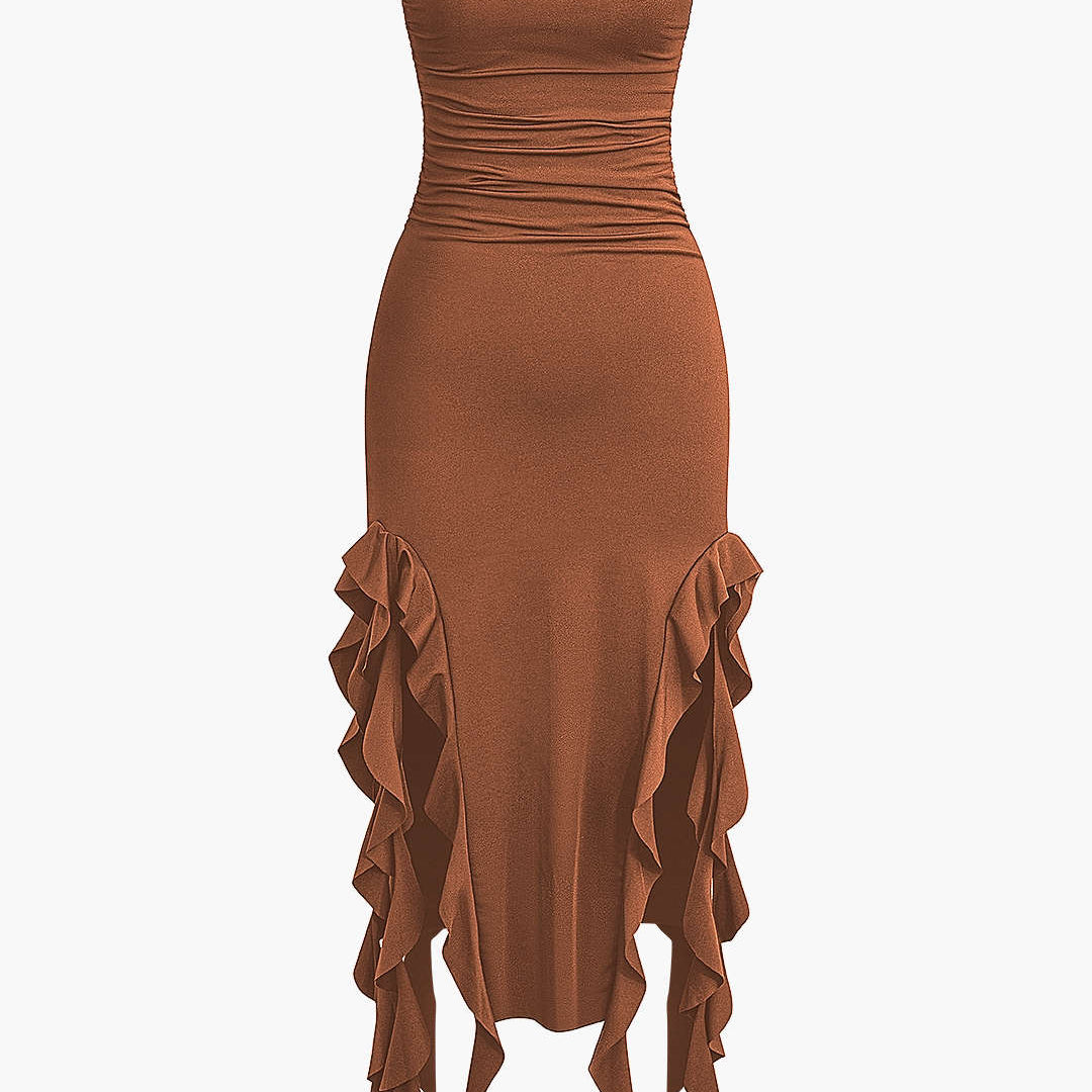 Sofia | Elegante Bandeau-Maxikleed met Volant-Details – Tijdloze Raffinement