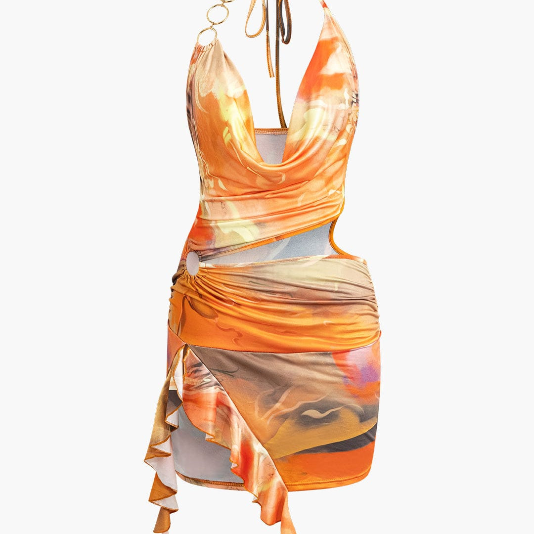 Mira | Asymmetrische Zijsplit Halter-Neck Mini-jurk met Kunstprint