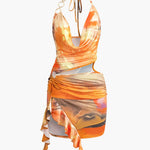 Mira | Asymmetrische Zijsplit Halter-Neck Mini-jurk met Kunstprint