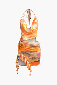 Mira | Asymmetrische Zijsplit Halter-Neck Mini-jurk met Kunstprint