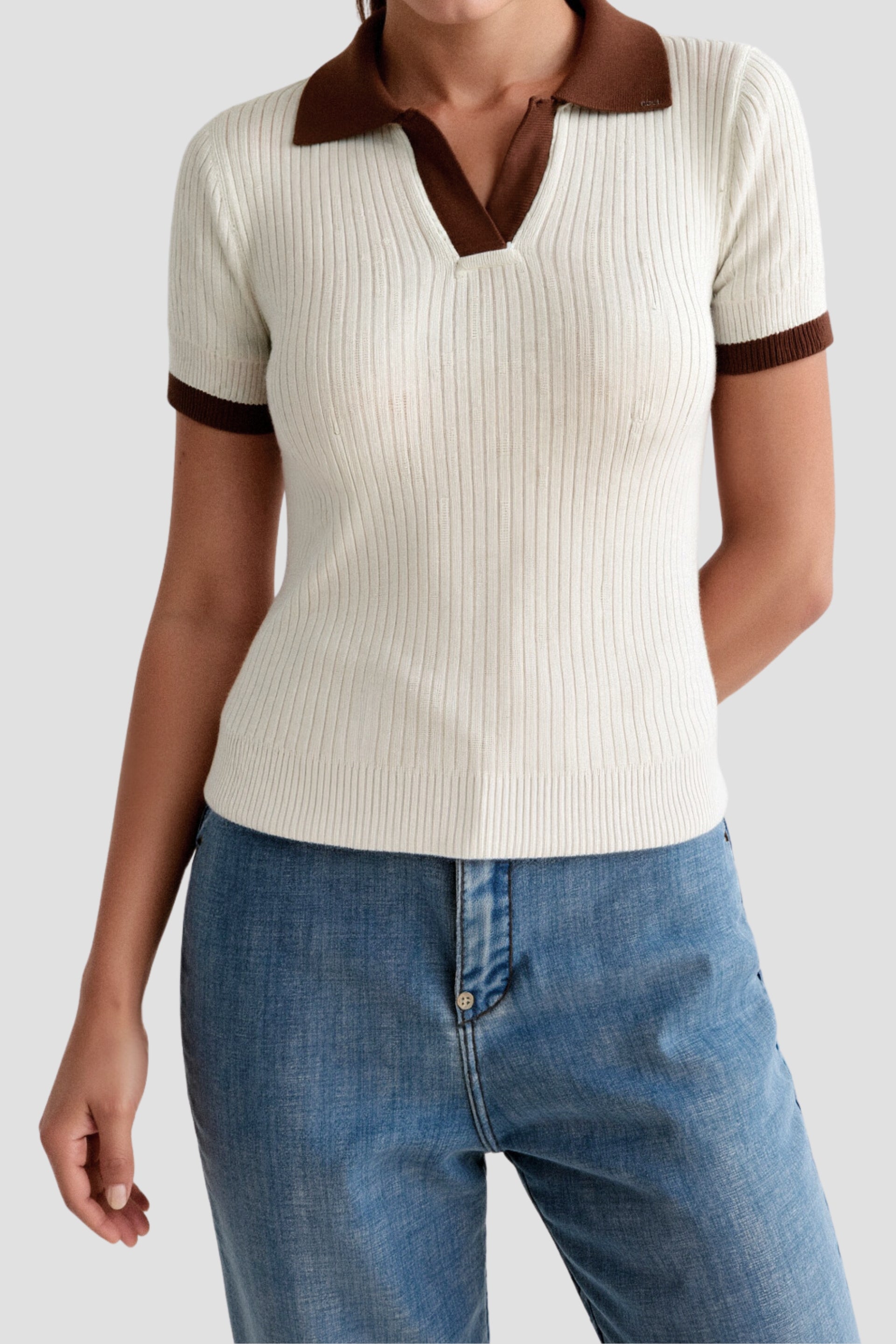 Lässige Polo Kleur Blok Geribbelde Kraag Gebreid Top