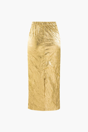 Elfriede | Glanzende Metallic-Midirok met Crinkle-effect en elastische tailleband