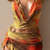 Mira | Asymmetrische Zijsplit Halter-Neck Mini-jurk met Kunstprint