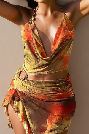 Mira | Asymmetrische Zijsplit Halter-Neck Mini-jurk met Kunstprint