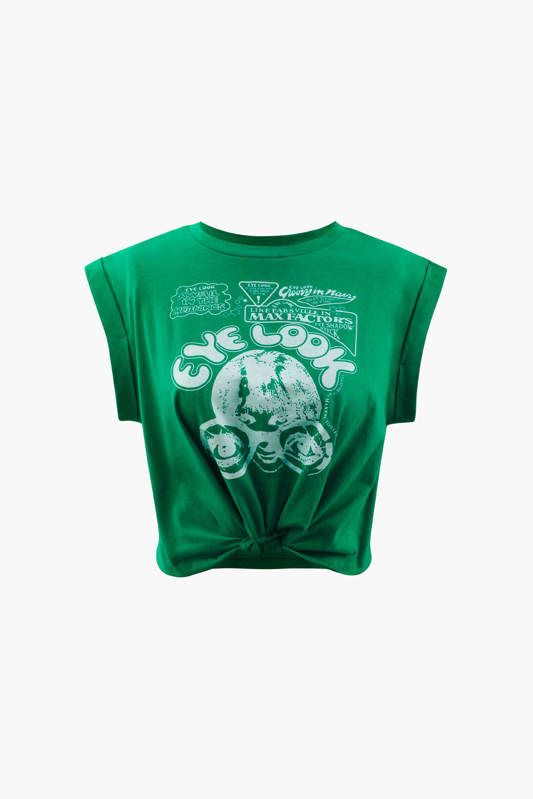 Gracelyn | Opgerolde Mouwen EYE LOOK Grafische Print Crop-T-Shirt met Knoopdetail