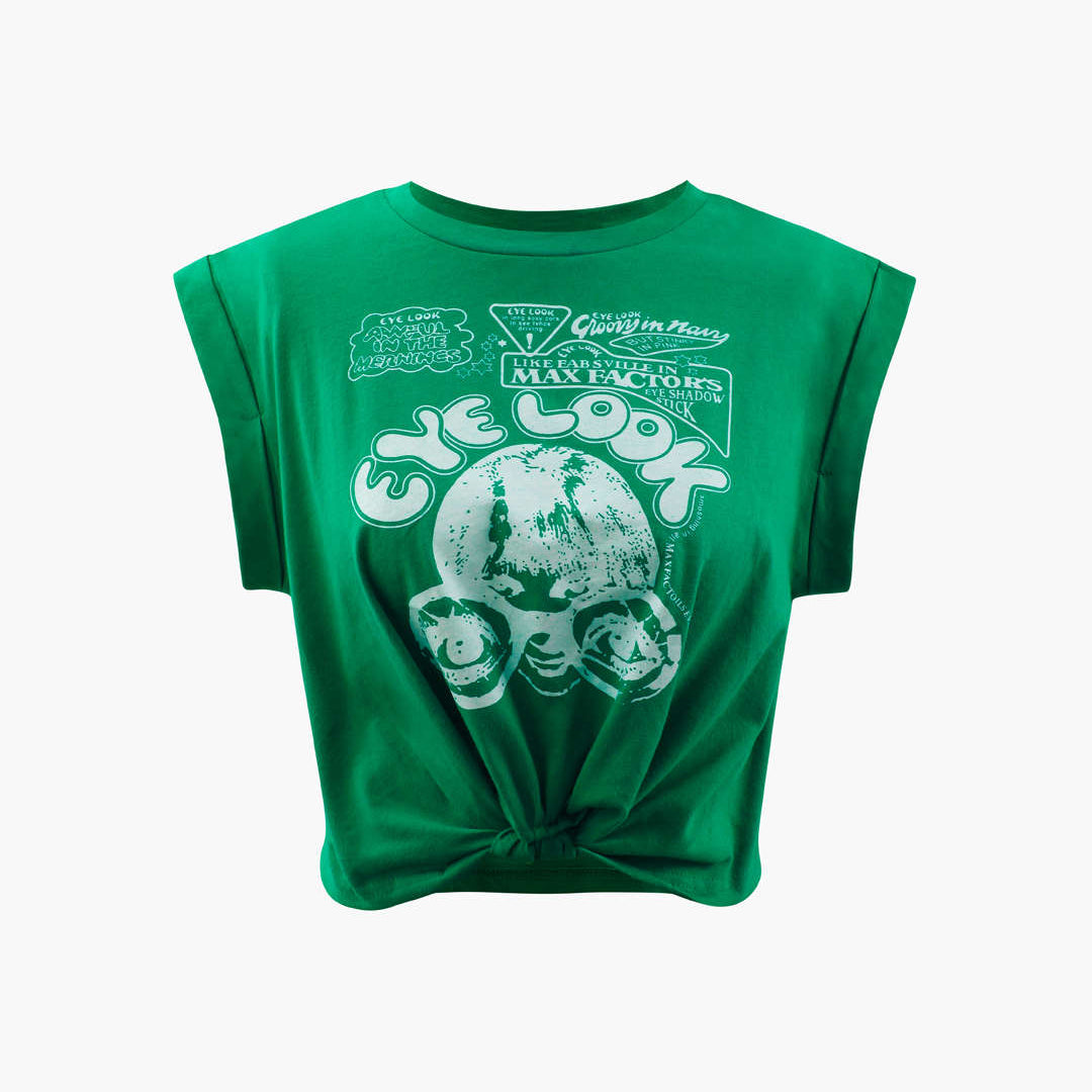 Gracelyn | Opgerolde Mouwen EYE LOOK Grafische Print Crop-T-Shirt met Knoopdetail