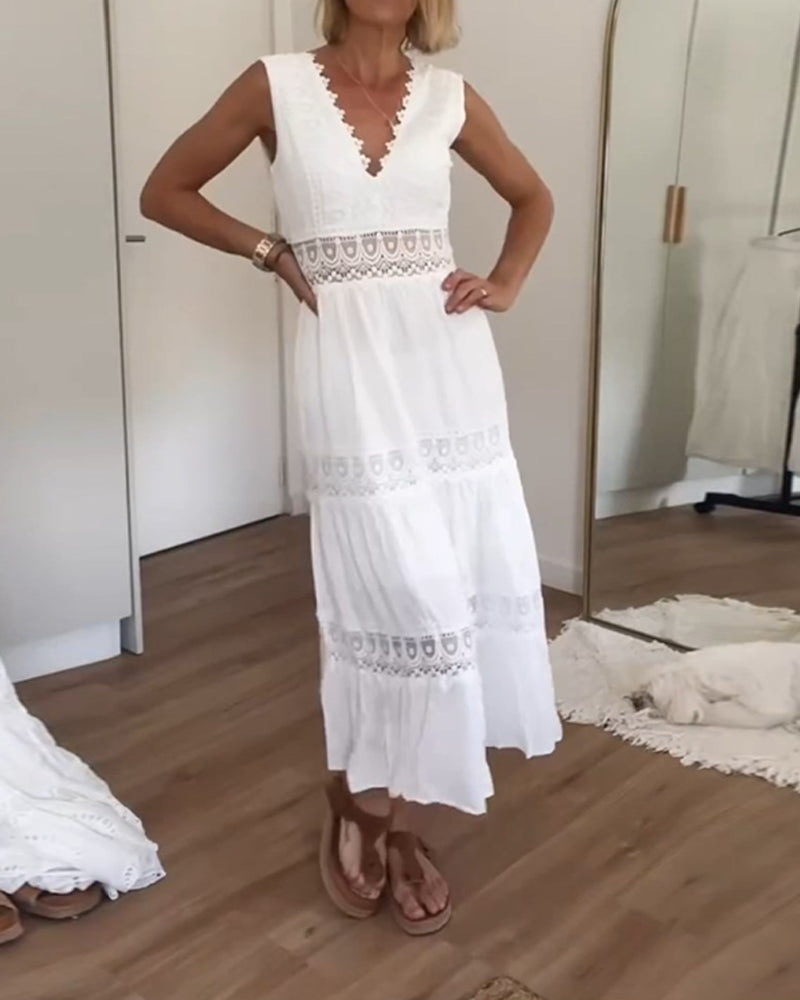Elegante Midi Zomerkleed met Kant & V-hals – Vrouwelijk & Luchtig