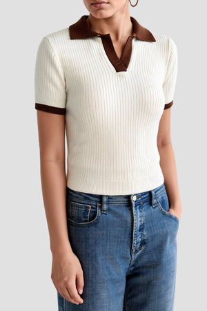 Lässige Polo Kleur Blok Geribbelde Kraag Gebreid Top
