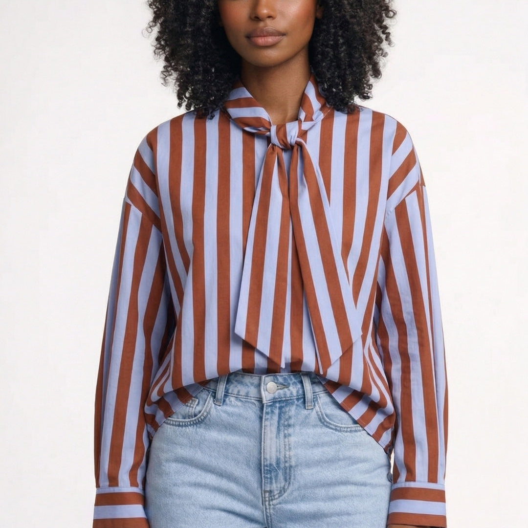 Elegante gestreepte damesblouse met strik en lange mouwen