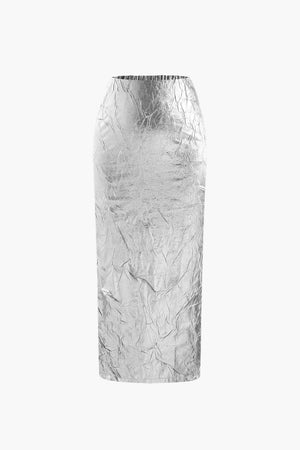 Elfriede | Glanzende Metallic-Midirok met Crinkle-effect en elastische tailleband