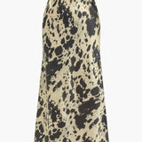 Erna | Vloeiende Midirok van Satijn met Hoge Taille en Opvallend Koeienvachtpatroon