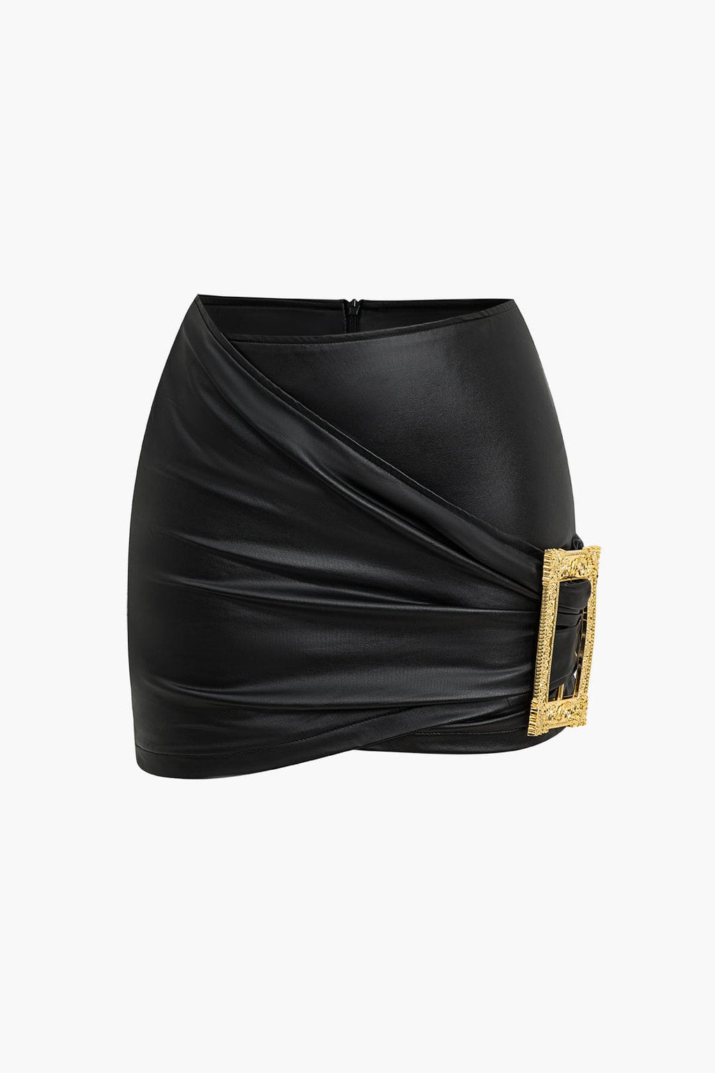 Lyra | Figuuraccentuerende Kunstlederen Minirok met asymmetrische Drapering en gouden Decoratiespeld