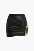 Lyra | Figuuraccentuerende Kunstlederen Minirok met asymmetrische Drapering en gouden Decoratiespeld