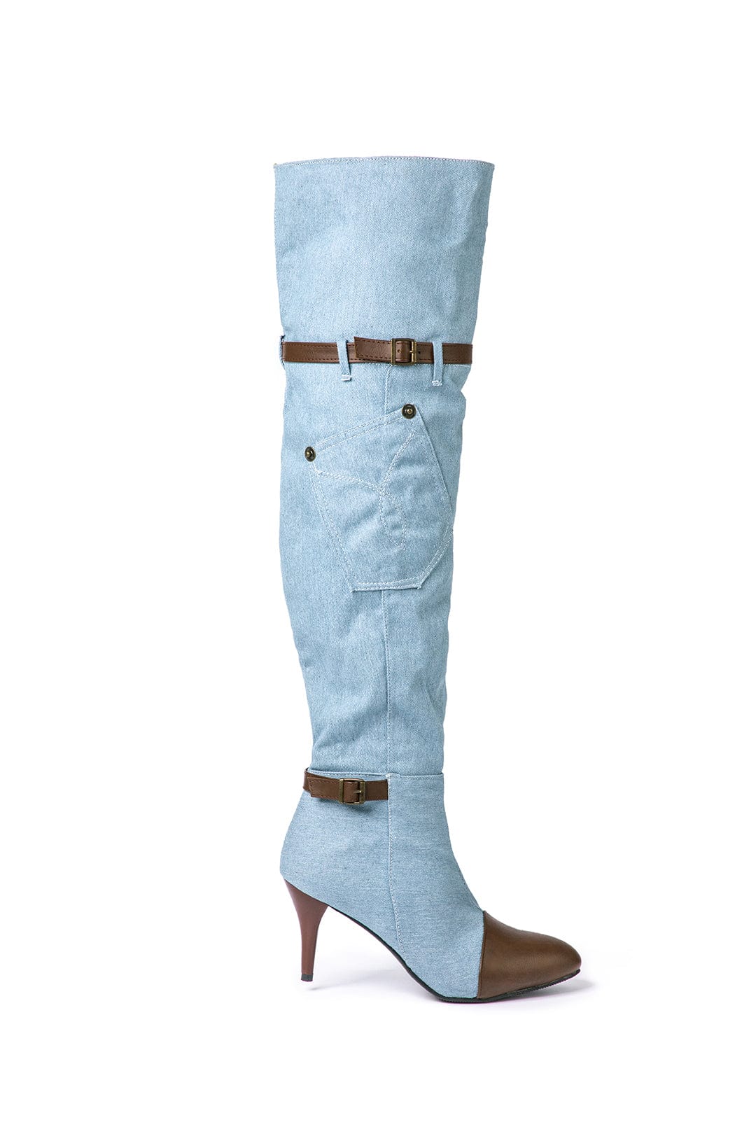 Chloe | Denim kniehooglaarzen met hak & Verstelbare Bruine Riem