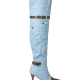 Chloe | Denim kniehooglaarzen met hak & Verstelbare Bruine Riem