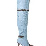 Chloe | Denim kniehooglaarzen met hak & Verstelbare Bruine Riem