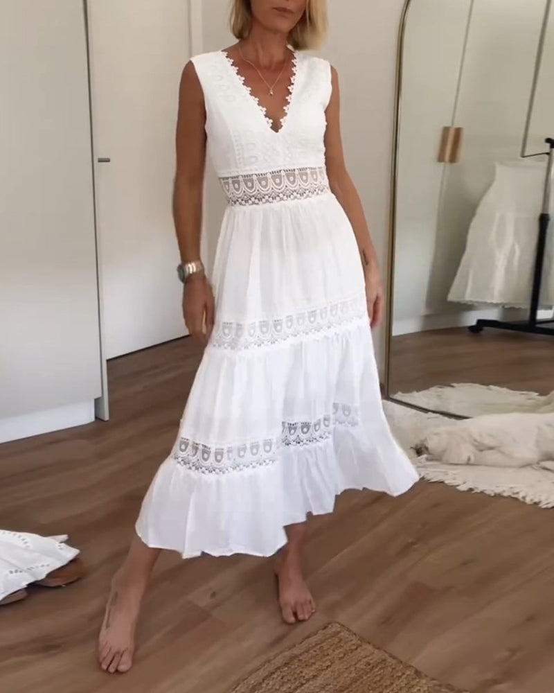 Elegante Midi Zomerkleed met Kant & V-hals – Vrouwelijk & Luchtig