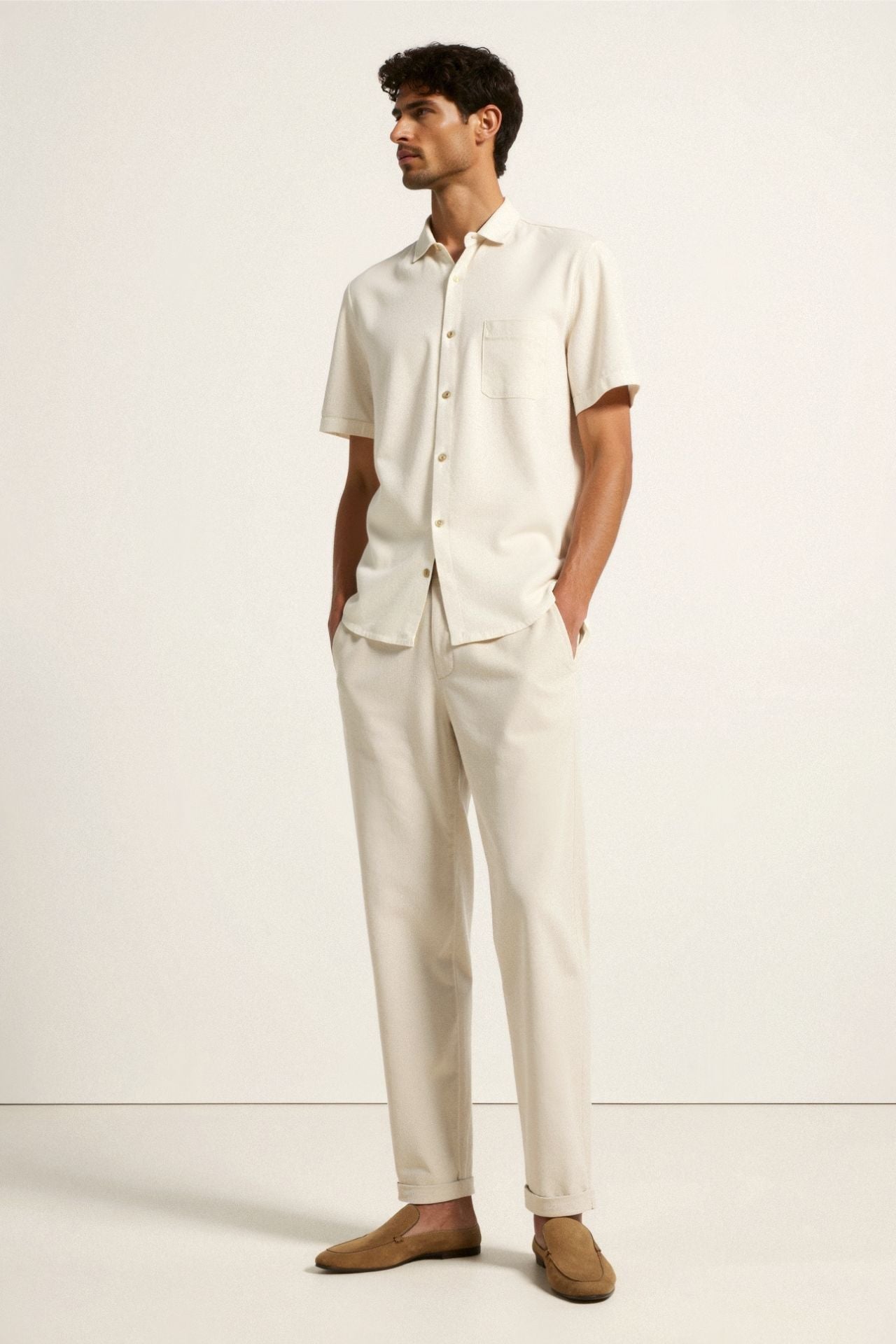 Killian | Beige herenbroek met elastische tailleband en knoopsluiting