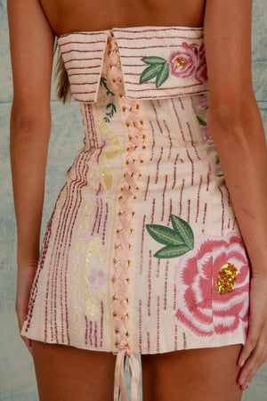 Roos | Strapless Mini-jurk met Bloemenborduursels en Paillettenversiering