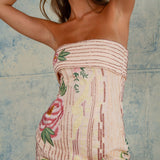 Roos | Strapless Mini-jurk met Bloemenborduursels en Paillettenversiering