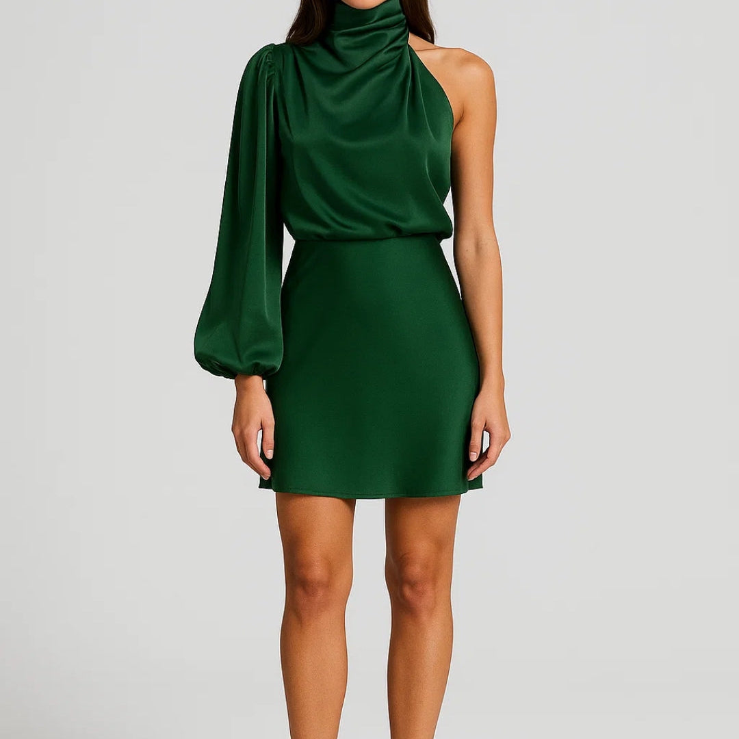 Elegante One Shoulder Mini Jurk met Hoge Hals en Lange Mouw