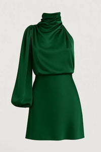 Elegante One Shoulder Mini Jurk met Hoge Hals en Lange Mouw