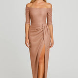 Beige Off Shoulder Midi Jurk met Split