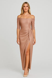 Beige Off Shoulder Midi Jurk met Split