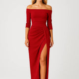 Beige Off Shoulder Midi Jurk met Split