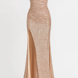 Elegante lange glitter avondjurk met split en off shoulder