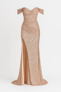 Elegante lange glitter avondjurk met split en off shoulder