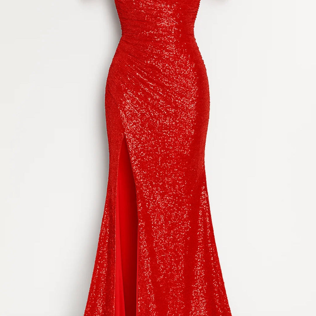 Elegante lange glitter avondjurk met split en off shoulder