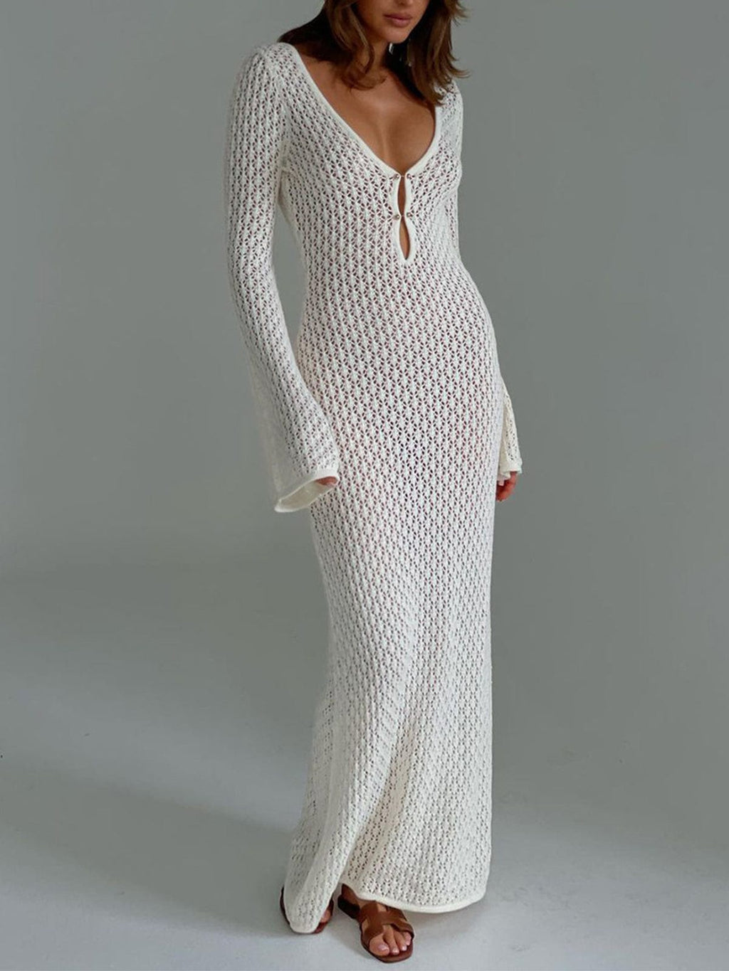 Greta | V-hals Gehaakt Maxikleed met Belmouwen – Boho-Chic voor de Zomer