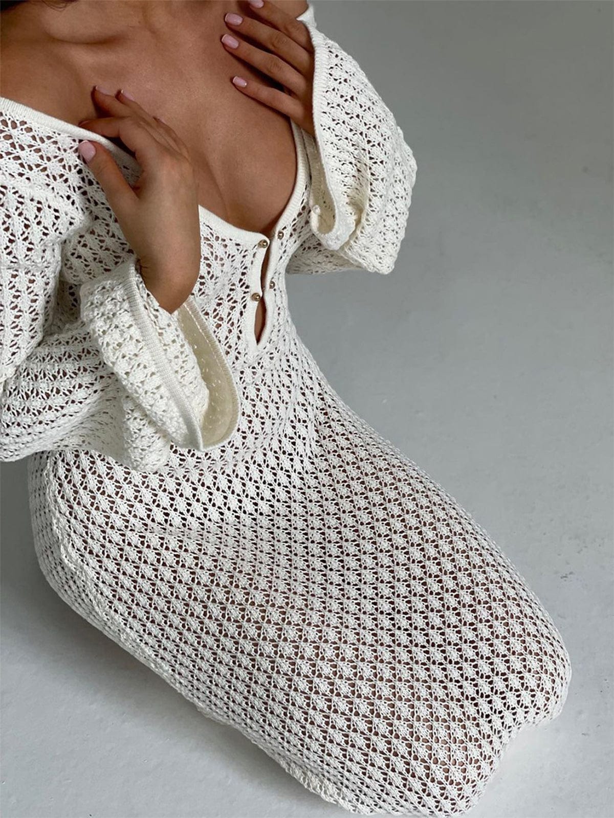 Greta | V-hals Gehaakt Maxikleed met Belmouwen – Boho-Chic voor de Zomer