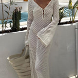 Greta | V-hals Gehaakt Maxikleed met Belmouwen – Boho-Chic voor de Zomer