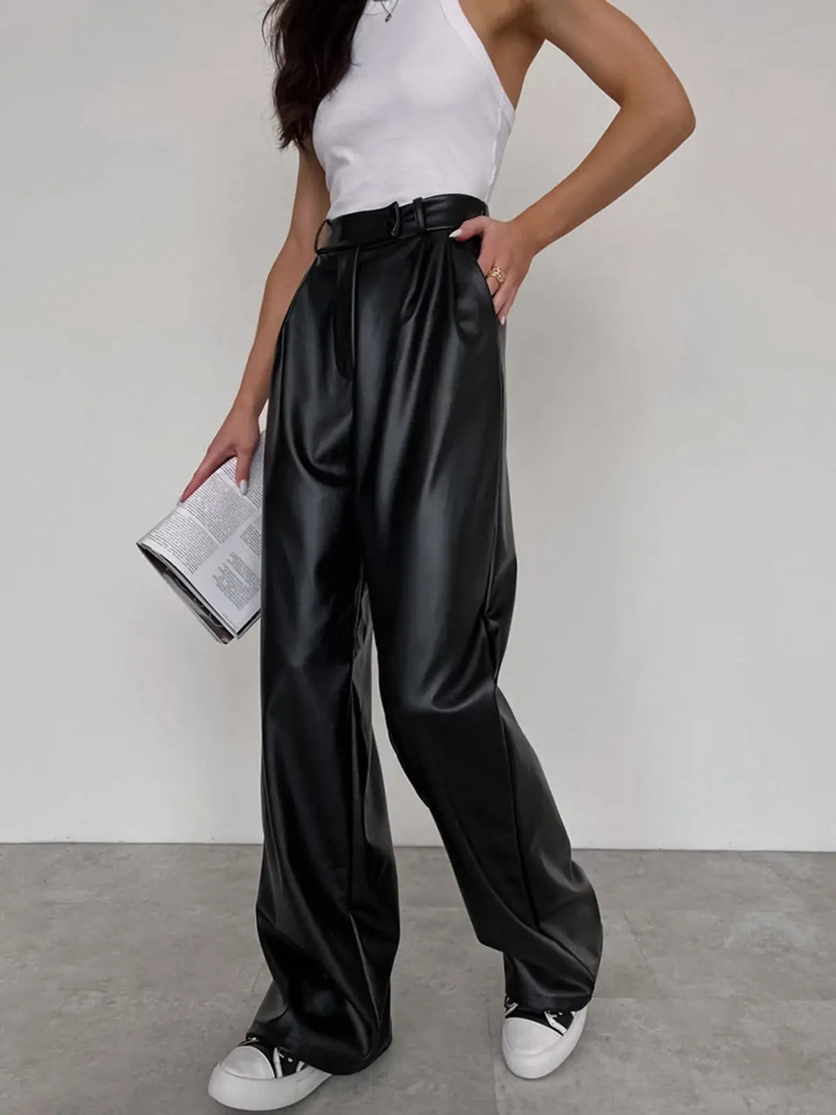 Milla | Hoge taille kunstleer baggy broek