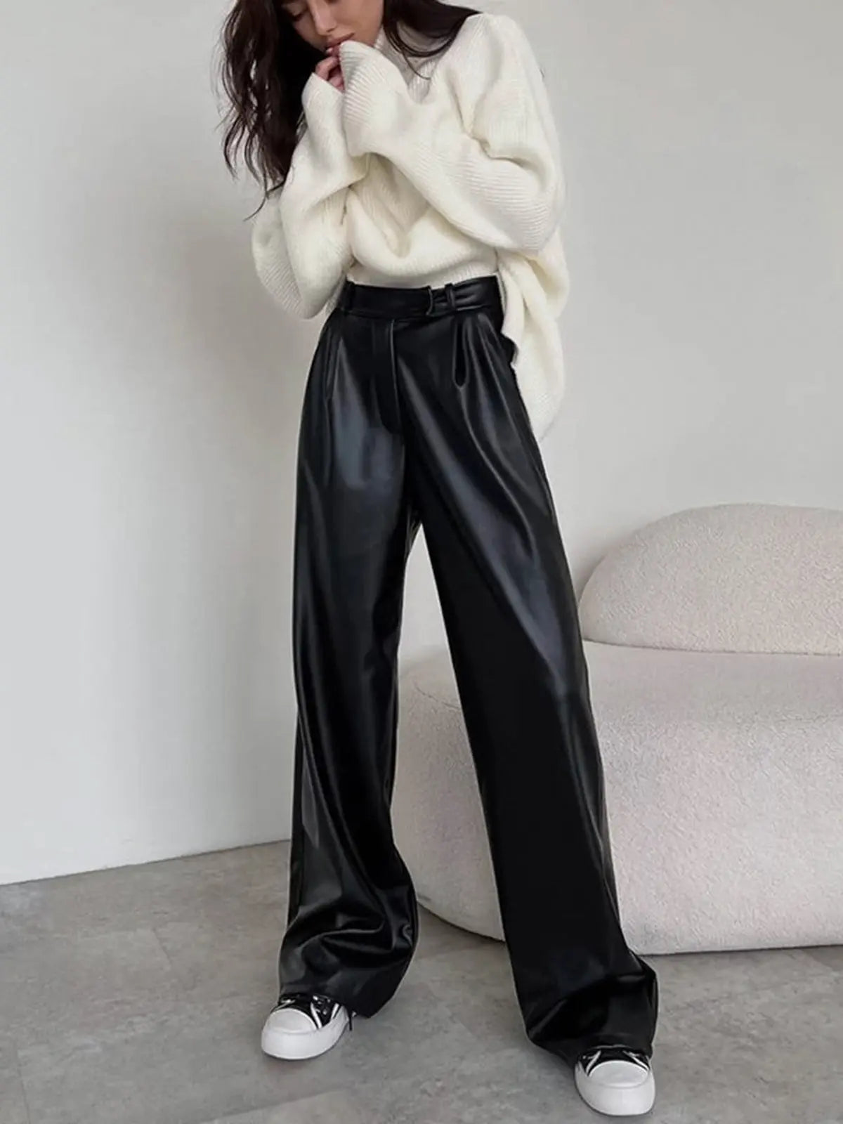 Milla | Hoge taille kunstleer baggy broek