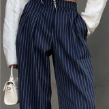 Gestreepte Plissé Pantalon Voor Vrouwen – Luchtig Polyester, Elegante Stijl & Ideaal Voor Zomerse Soirees.