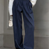 Gestreepte Plissé Pantalon Voor Vrouwen – Luchtig Polyester, Elegante Stijl & Ideaal Voor Zomerse Soirees.